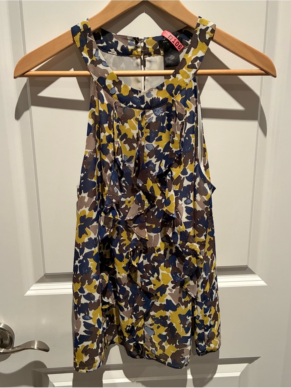 Ann Taylor Navy, Mustard & Taupe Floral Ruffle Top